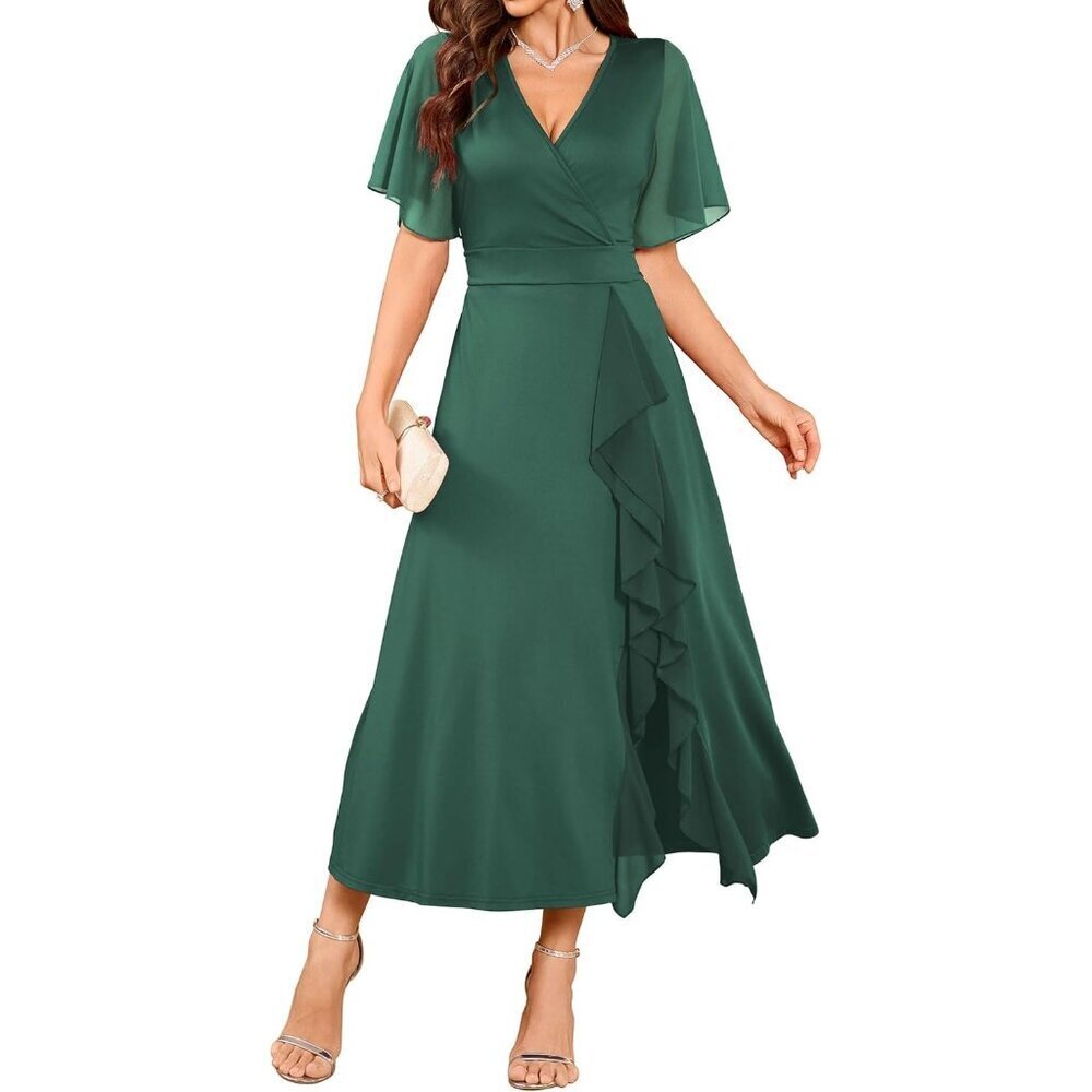 Zaful Womens Dark-green V Neck Flared Sleeve Split Semi Formal Modest Gowns